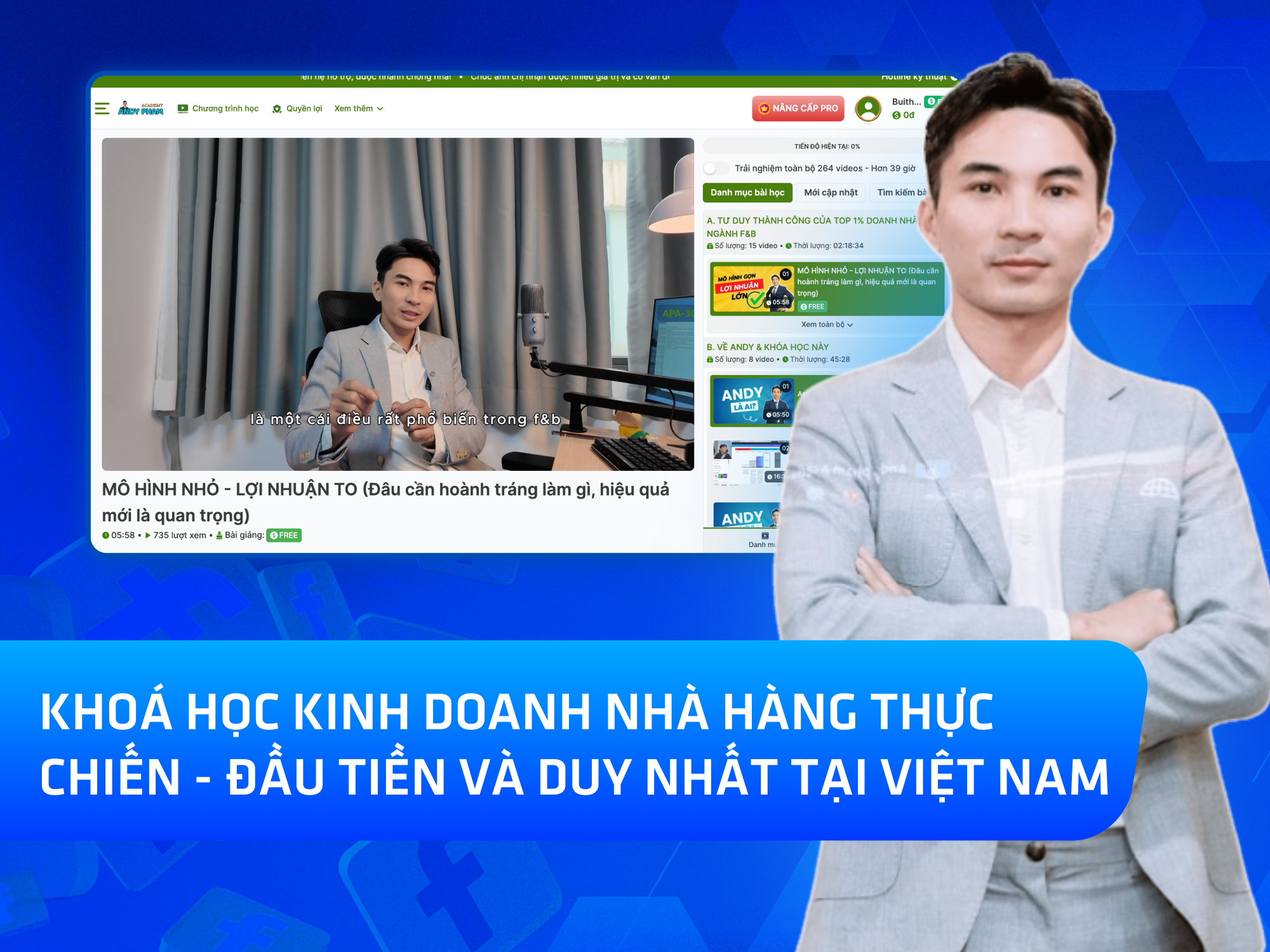 Website khoá học Andy Phạm Academy vận hành trên MONA eLearning