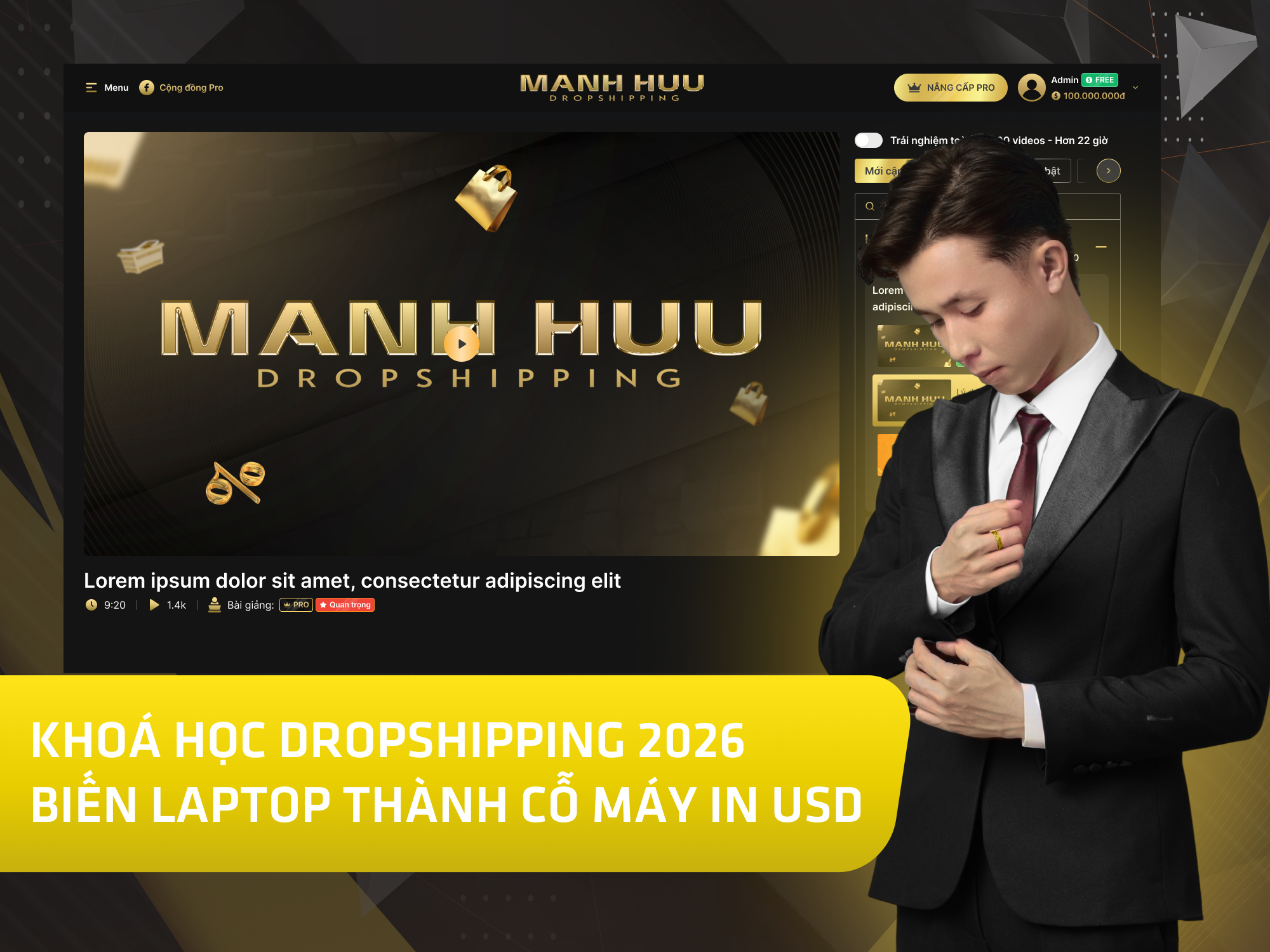 Website khoá học Mạnh Hữu Academy vận hành trên MONA eLearning
