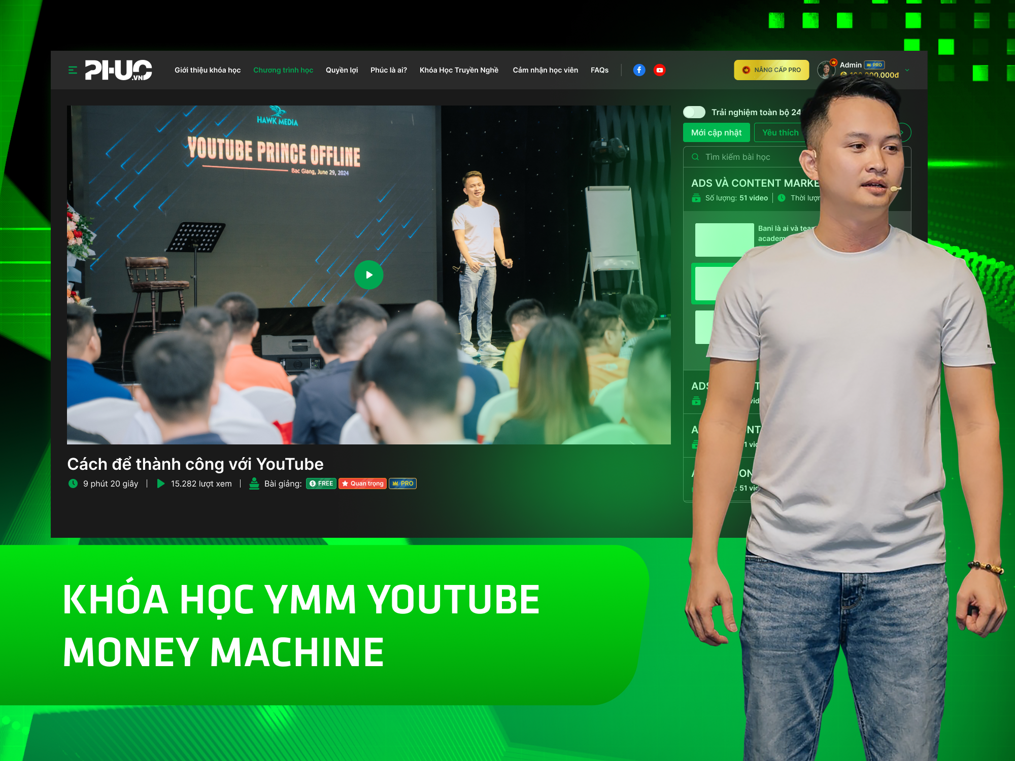 Website khoá học Phúc Academy vận hành trên MONA eLearning